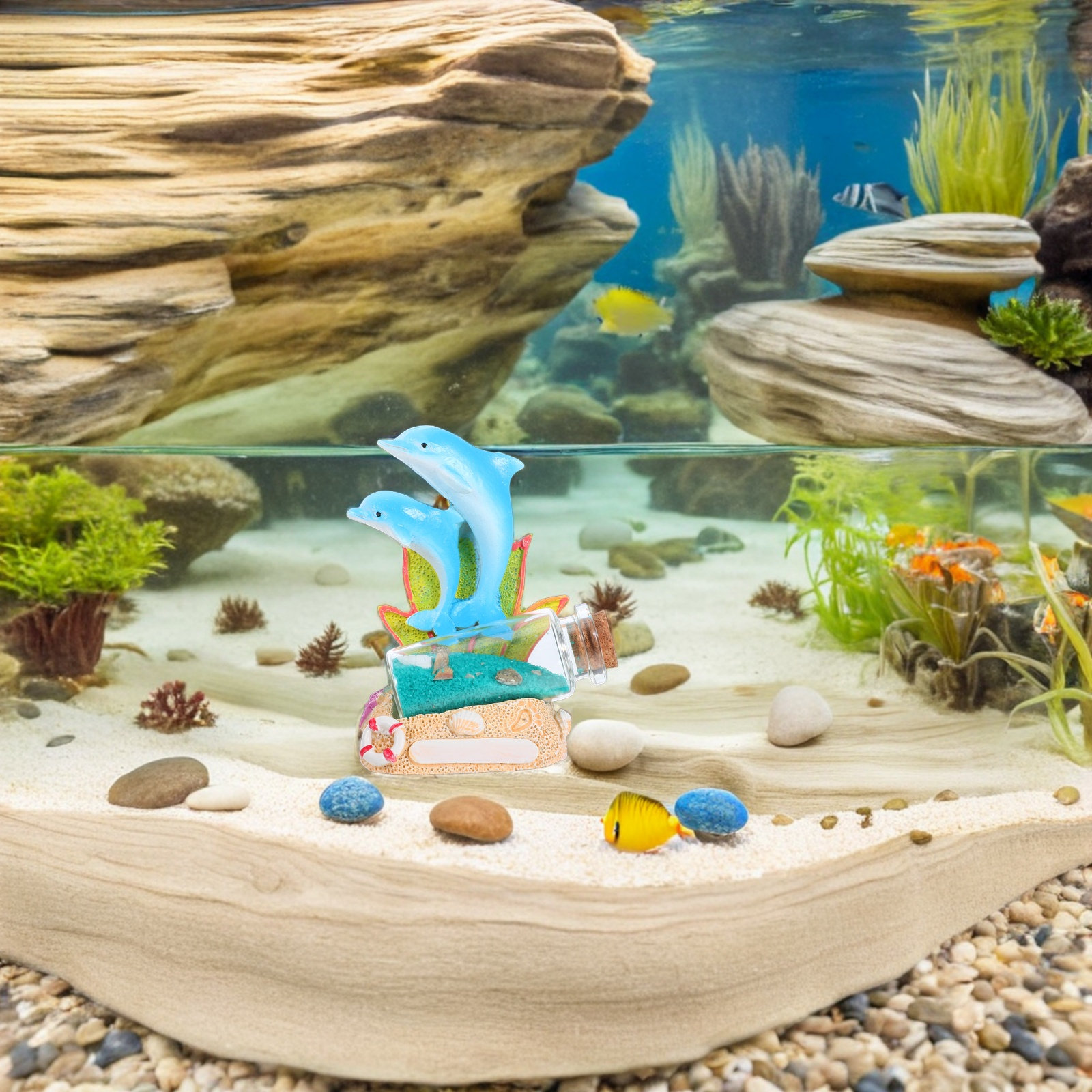 Aquarium Fish Dolphin - รูปปั้นโลมารูปทรงขวดลอยน้ำ ของตกแต่งตู้ปลา ทรายเรซิน เปลือกหอย ของตกแต่งโต๊ะทำงานสไตล์ชายฝั่ง รูปปั้นโลมารูปทรงตุ๊กตา