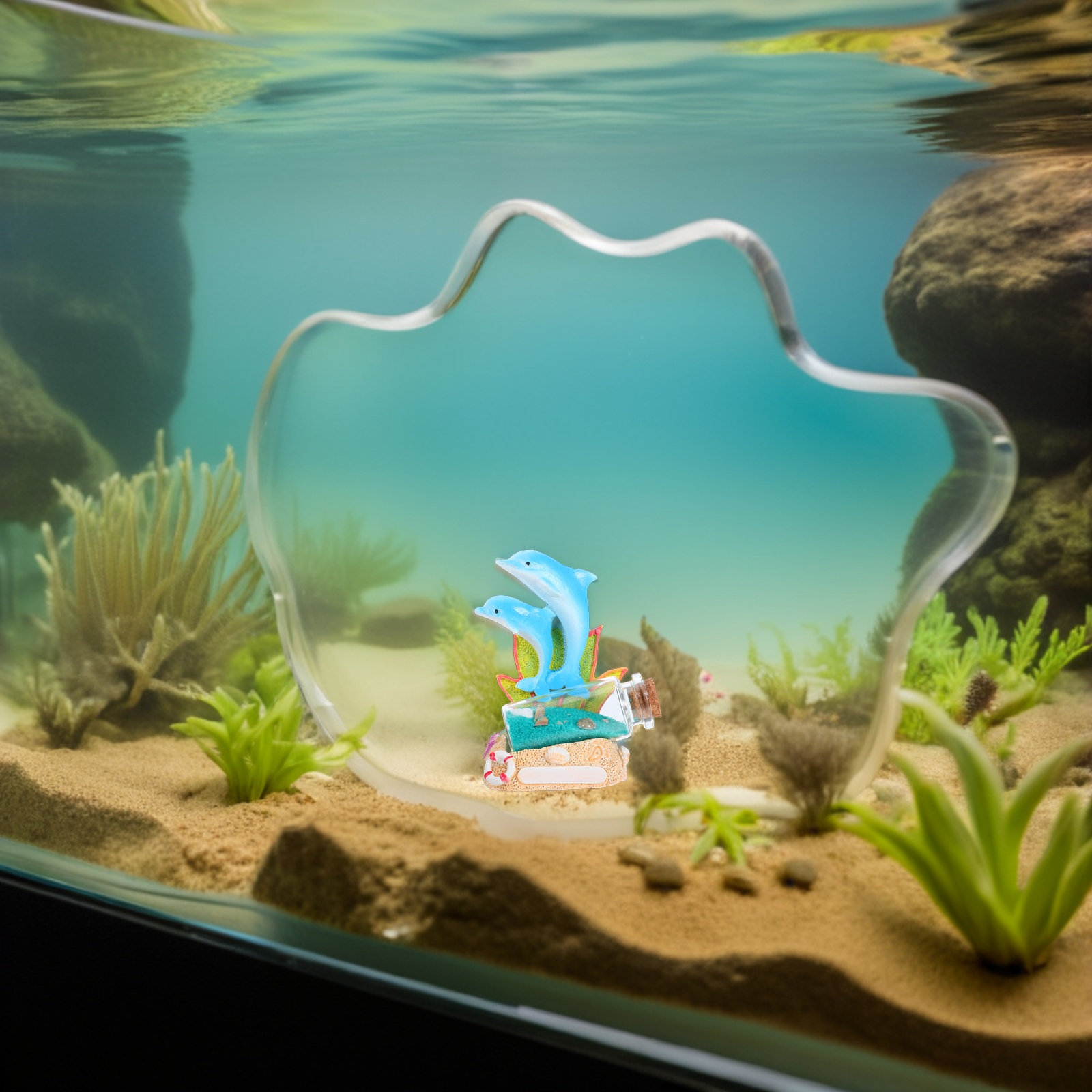 Aquarium Fish Dolphin - ประติมากรรมเรซินรูปโลมารูปทรงขวดลอยน้ำ ธีมมหาสมุทร ของตกแต่งตู้ปลา ทรายเปลือกหอย สำหรับตกแต่งบ้านและสำนักงาน