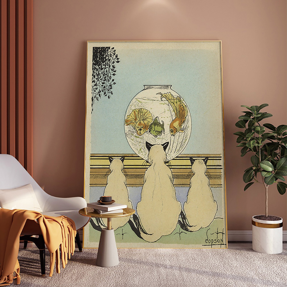 สามแมวดูปลาในAquarium Artพิมพ์ - Fish In Aquarium Picture บทวิจารณ์และราคา